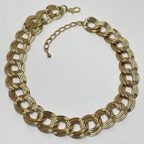 Vintage Oversized Textured Gold Tone Metal Linked Collar Vintage Chain Necklace - Picture 1 of 7